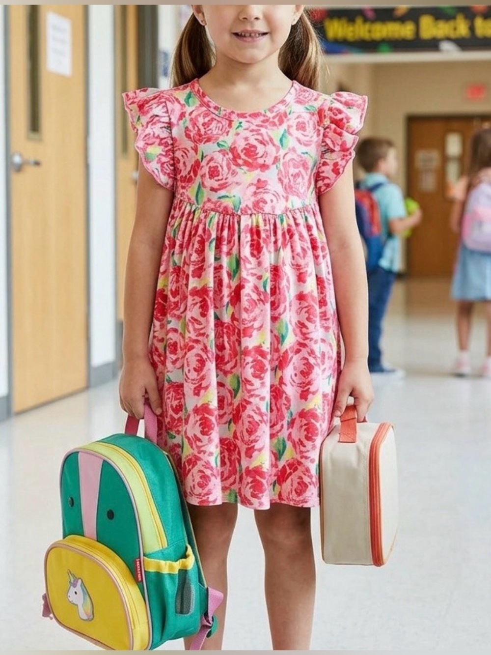 Girls Pink Floral Ruffle-Sleeve Casual Dress